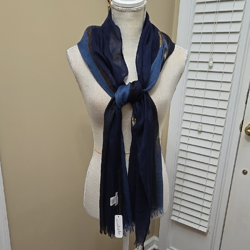 Charming Charlie Elegant Blue Navy & Copper stripe rectangular Scarf fringe New